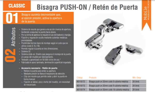 Bisagra push open o push on